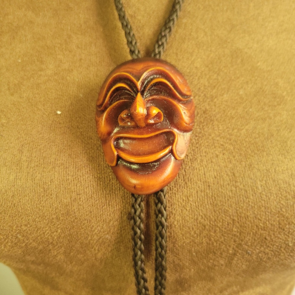 Vintage Korean Hahoe Mask Hand Carved Wood Bolo Tie Brown Braided Cord Size 36in